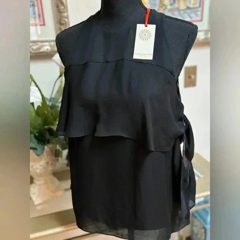 RAMY BROOK 100% SILK LUXURY BLACK COLD SHOULDER RUFFLE TOP BLOUSE SIZE SMALL NEW - Picture 3 of 15